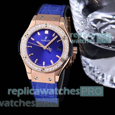 Best Replica Hublot Classic Fusion Women Citizen Watches Rose Gold Blue with Diamonds